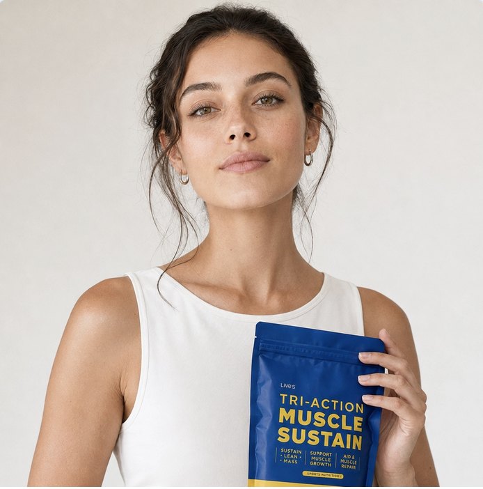 Female model holding a supplement pouch in a neutral studio
