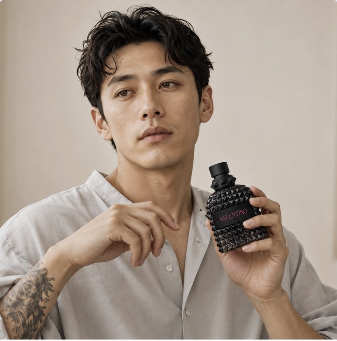 Male model holding a black perfume bottle in a neutral studio